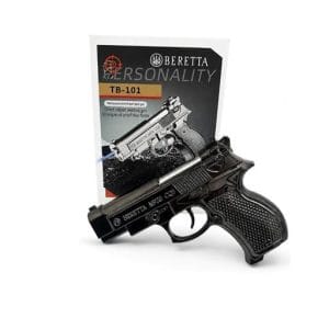 Encendedor catalítico con forma de pistola de metal negro y su caja impresa TB-101 - por mayor en Distribuidora Pop
