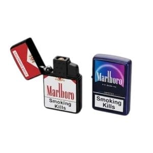Encendedor catalítico de metal con tapa a bisagra y gráfica de paquete de cigarrillos - por mayor en Distribuidora Pop