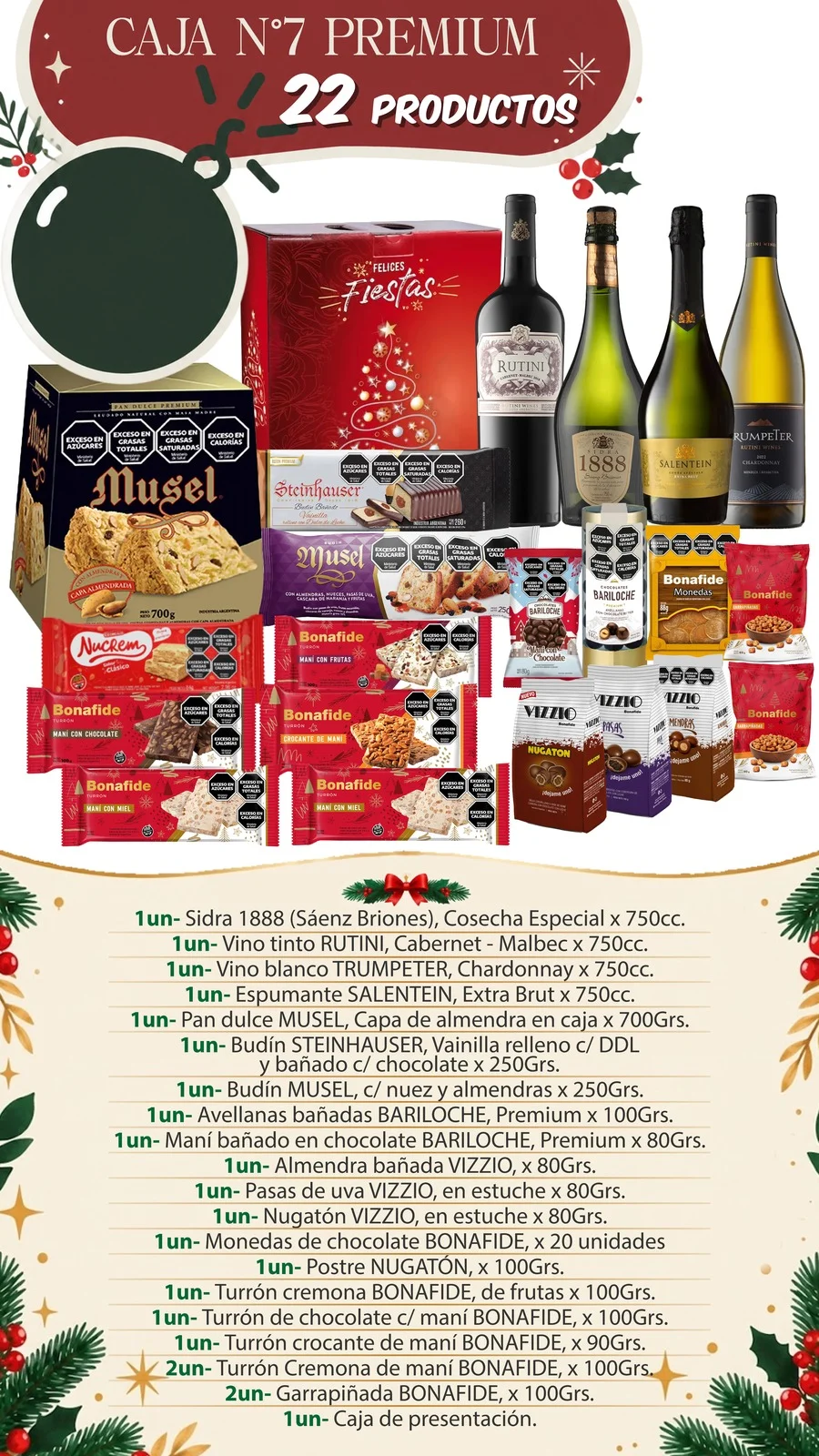 Contenido de la Caja Navideña N°7 Premium: 22 productos - Distribuidora Pop