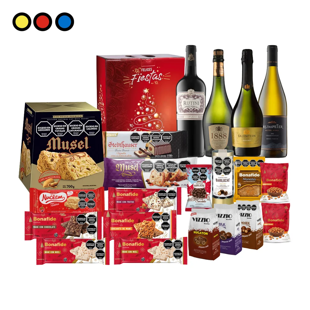 Caja Navideña Pop N°7 Premium con vino Rutini, espumante Salentein, sidra 1888 y golosinas Bonafide, Vizzio y Bariloche por mayor - Distribuidora Pop
