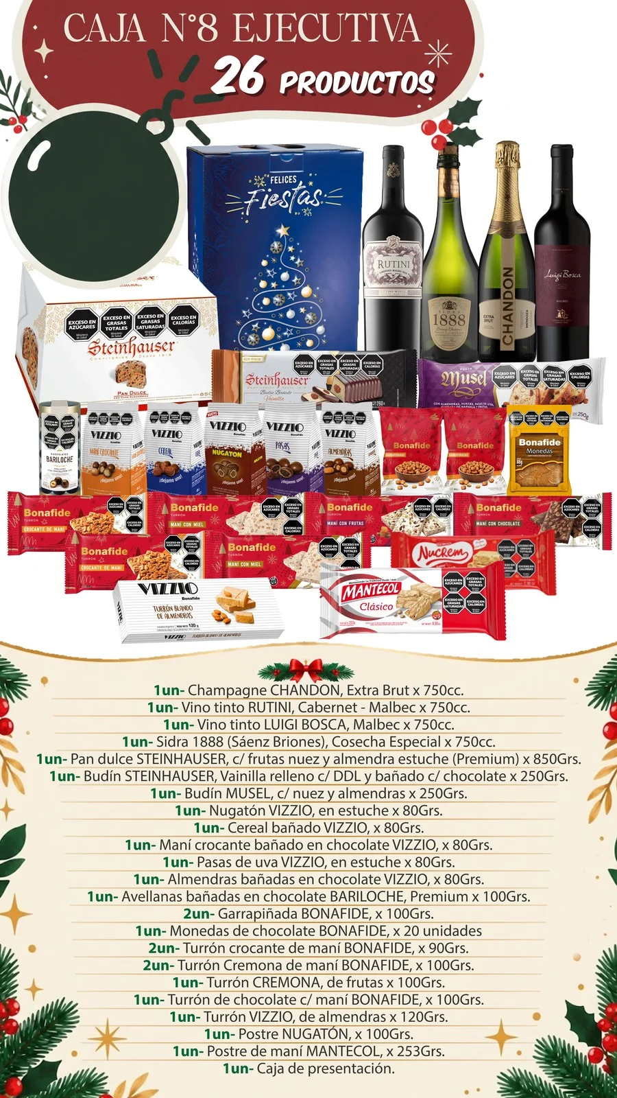 Contenido de la Caja Navideña N°8 Ejecutiva: 26 productos - Distribuidora Pop