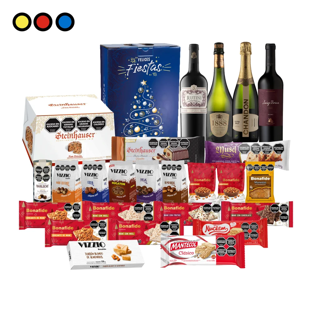 Caja Navideña Pop N°8 Ejecutiva con Chandon, vinos Rutini y Luigi Bosca, sidra 1888 y golosinas Bonafide, Vizzio y Bariloche por mayor - Distribuidora Pop