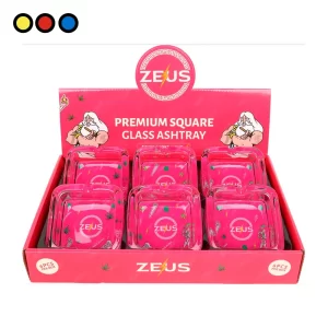 Ceniceros de vidrio cuadrados Pink Zeus en su caja exhibidora de 6 unidades - por mayor en Distribuidora Pop