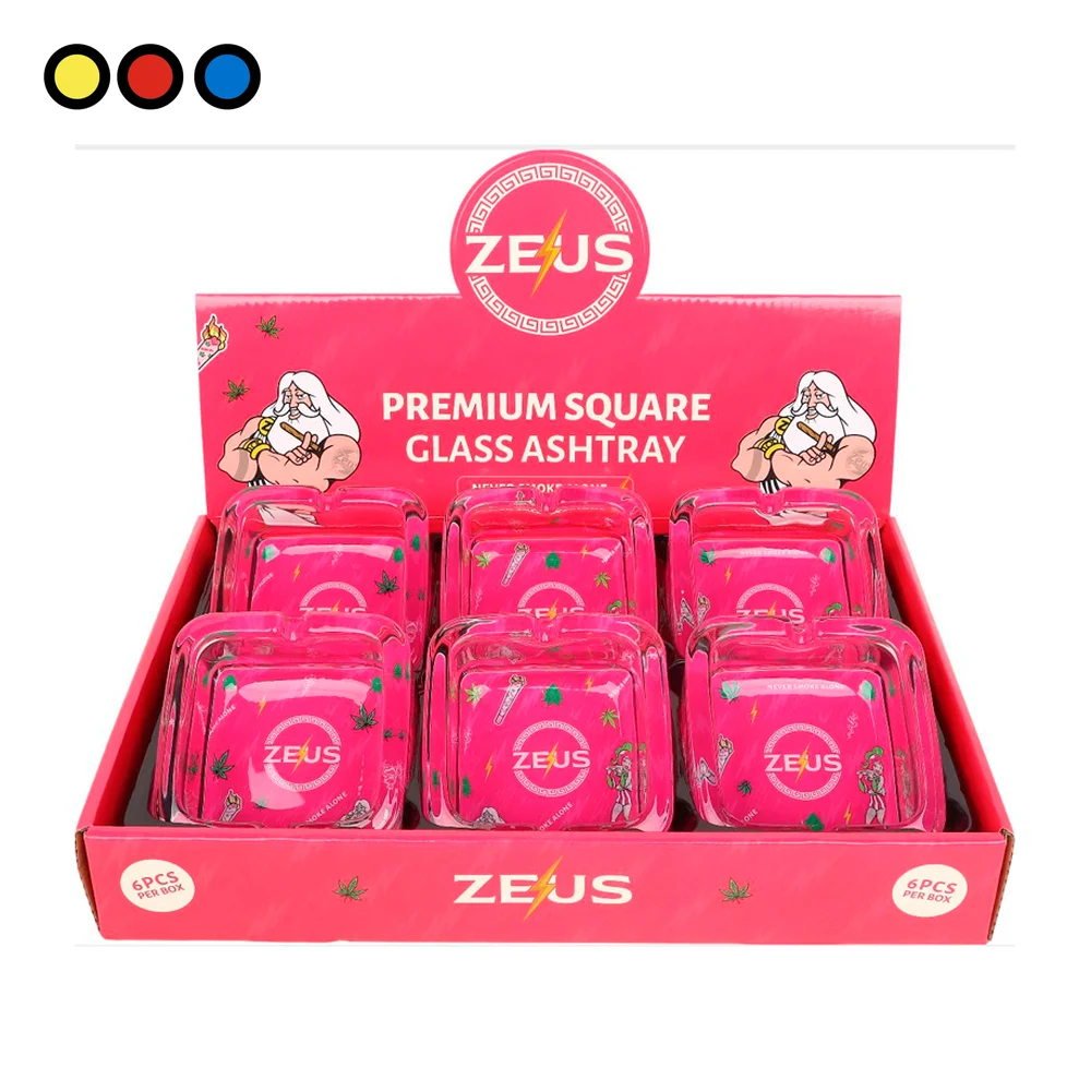 Ceniceros de vidrio cuadrados Pink Zeus en su caja exhibidora de 6 unidades - por mayor en Distribuidora Pop