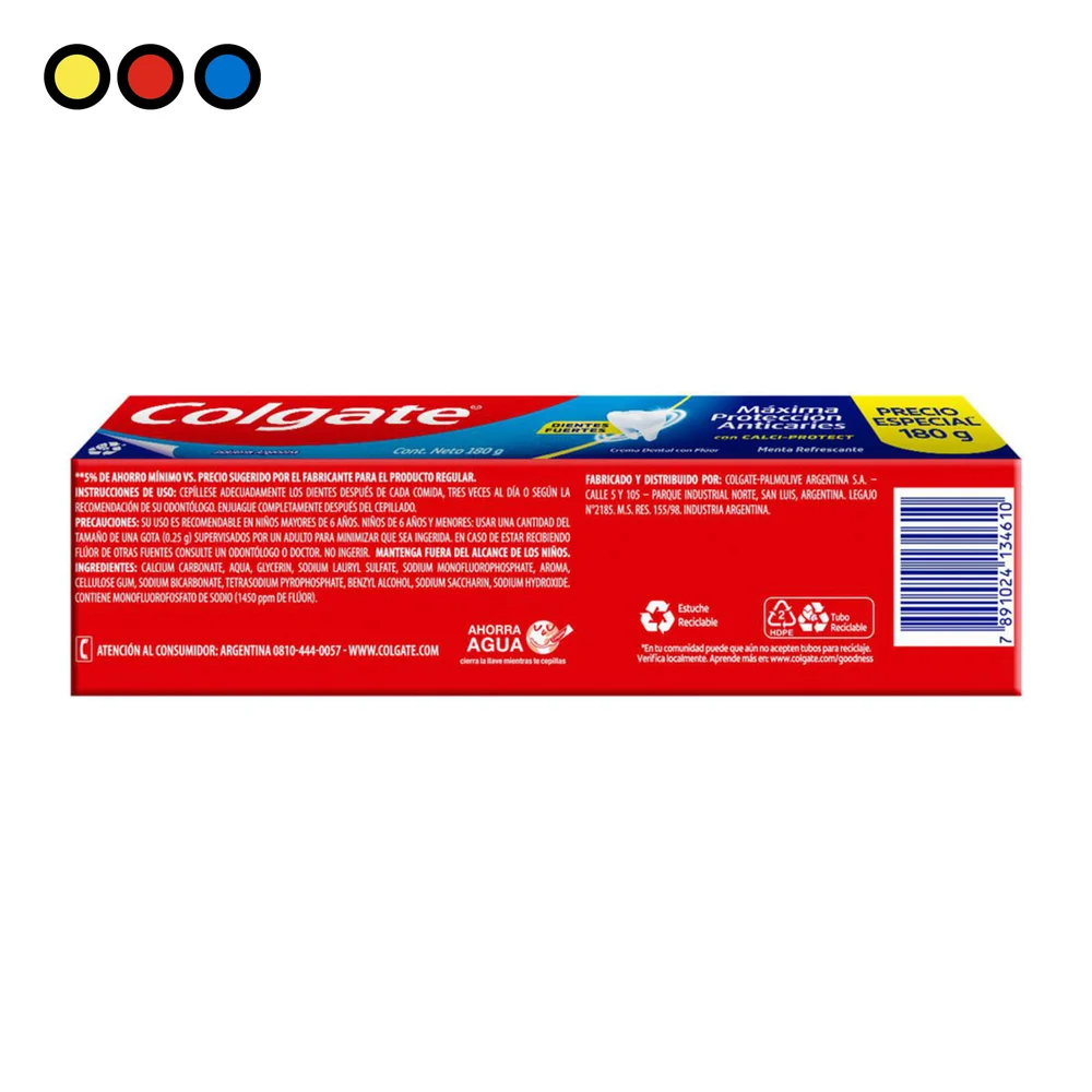 Dorso del estuche Pasta Dental Colgate Máxima Protección Anticaries 180g con instrucciones e ingredientes