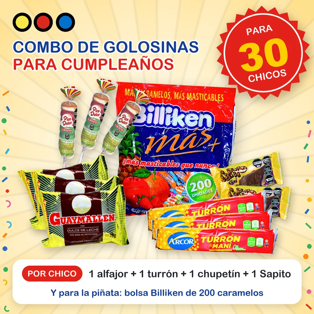 Combo de golosinas para cumpleaños x 30 chicos para el salón o el pelotero - Distribuidora Pop