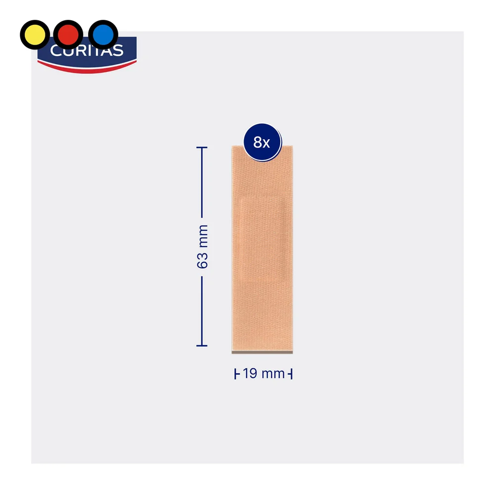 Medida de cada apósito Curitas Tela Elástica: 63 x 19 mm