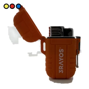 Encendedor catalítico 3Rayos Waiko color naranja con tapa abierta y clip lateral