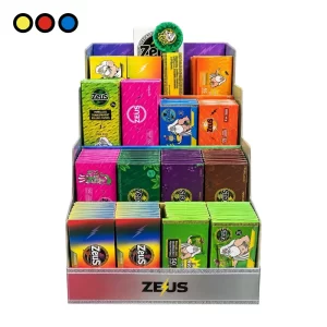 Exhibidor NEW Zeus de cartón de 4 pisos cargado con 140 libritos de papel de celulosa Zeus, triturador y armador - por mayor en Distribuidora Pop