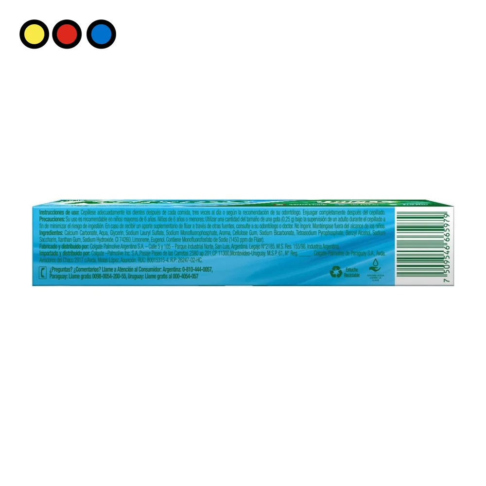 Dorso del estuche Pasta Dental Kolynos Triple Frescura 90g con instrucciones e ingredientes