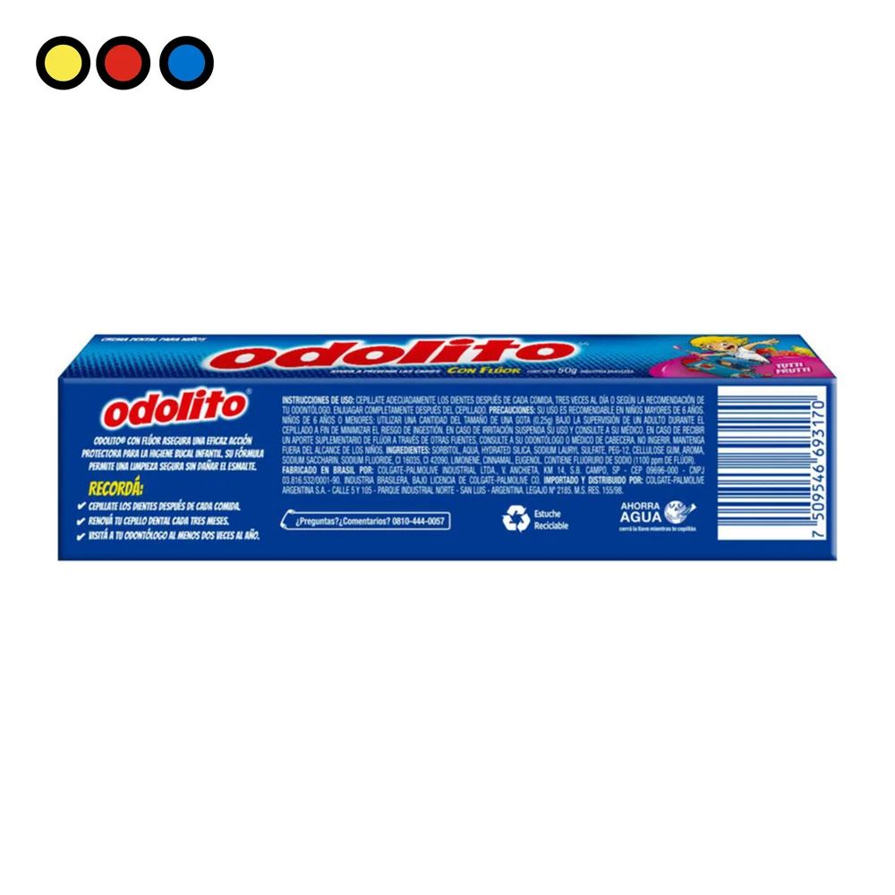 Dorso del estuche Pasta Dental Odolito Tutti Frutti 50g con instrucciones e ingredientes