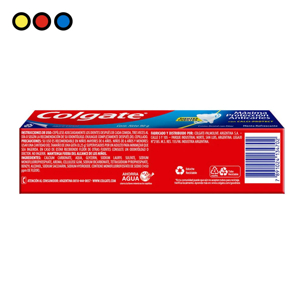 Dorso del estuche Colgate Máxima Protección Anticaries con ingredientes y modo de uso