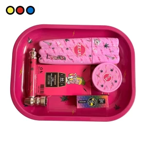 Set Zeus Full Pink: bandeja rosa con pipa, picador, papel celulosa Pink, filtros y estuche Zeus - por mayor en Distribuidora Pop