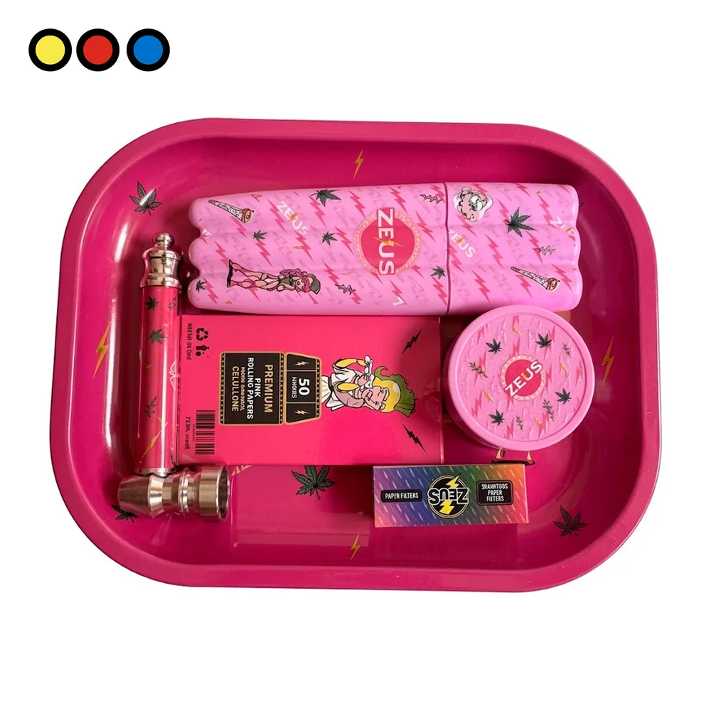 Set Zeus Full Pink: bandeja rosa con pipa, picador, papel celulosa Pink, filtros y estuche Zeus - por mayor en Distribuidora Pop