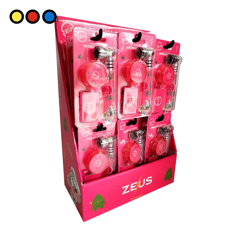 Exhibidor con sets Zeus Pink en blíster: pipa metálica, picador rosa y filtros - por mayor en Distribuidora Pop